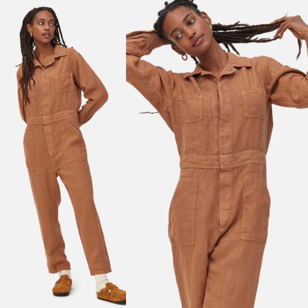 MATE The Label Long Sleeve Linen Buttondown Jumpsuit Sedona Brown Large
